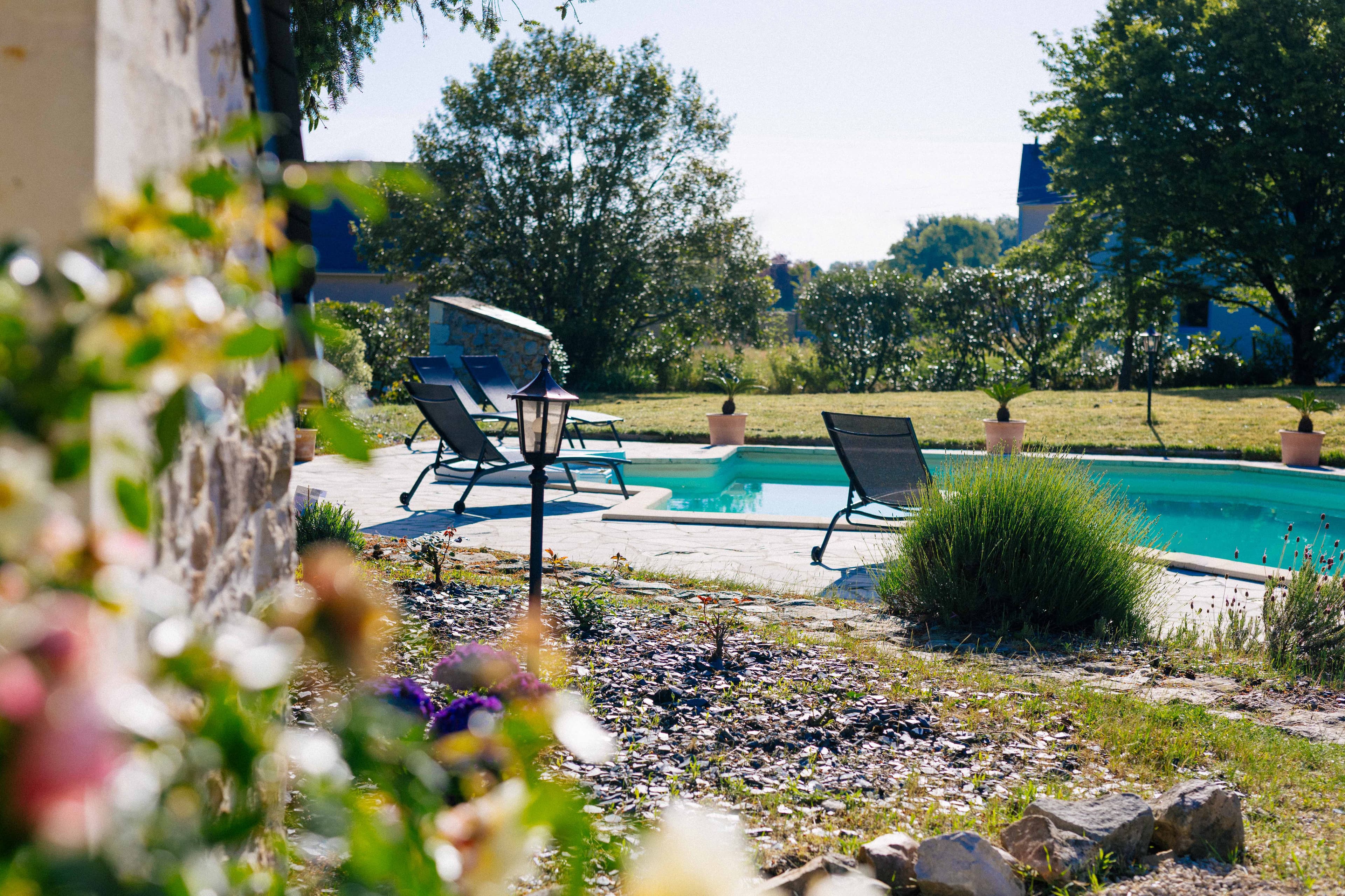 La piscine bordée de fleurs